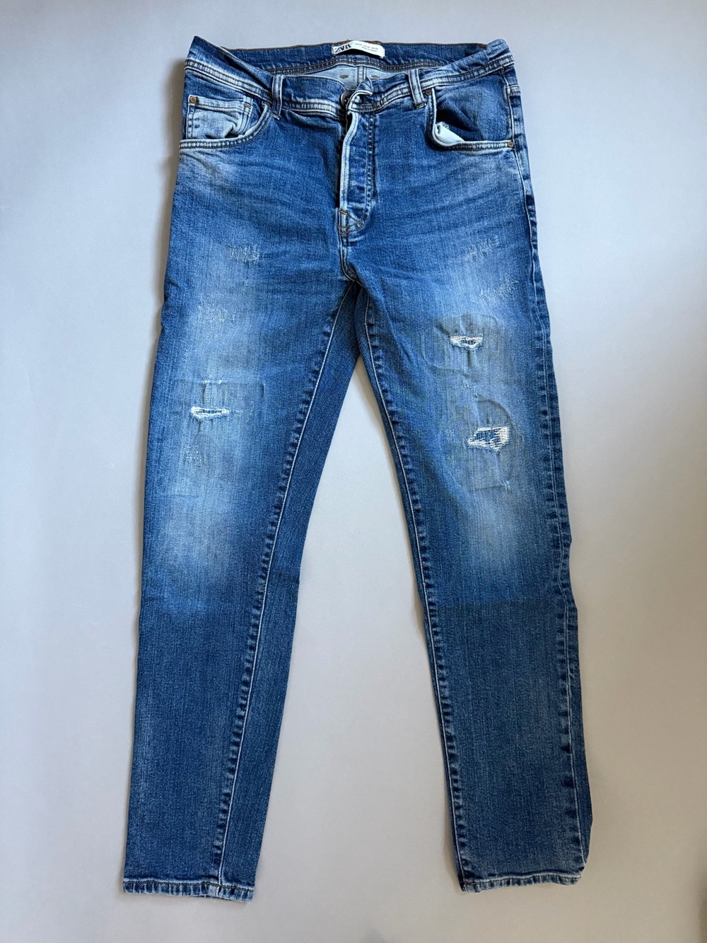 Zara Men's Slim Distressed Jeans - Blue